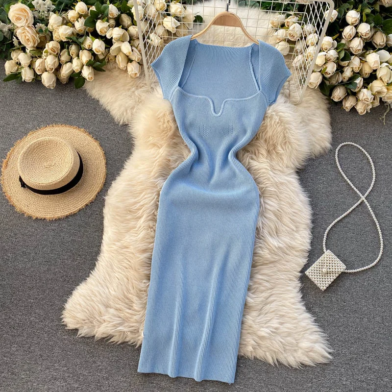 Croysier Spring Summer Short Cap Sleeve Knitted Sexy Bodycon Dress Back Slit Square Neck Casual Vintage Elegant Midi Dress Women
