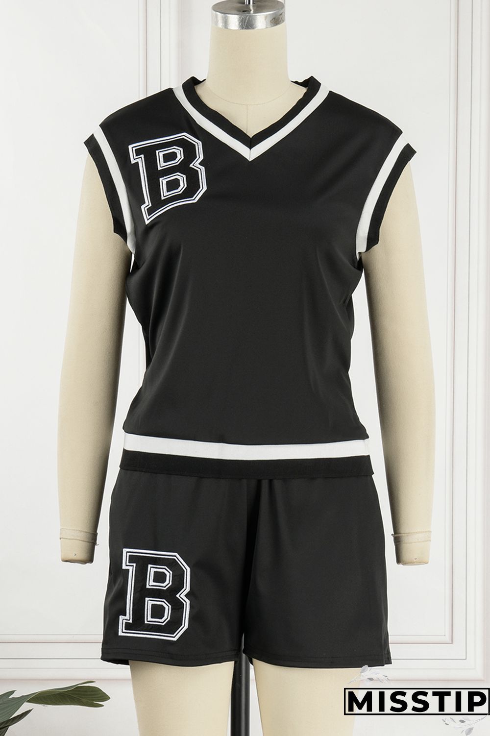 Black Casual Letter Print Patchwork V Neck Short Sleeve Two Pieces