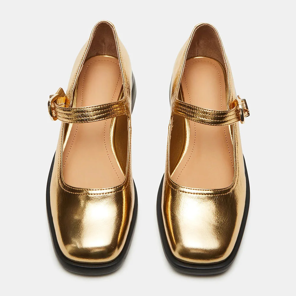 Gold Metallic Finish Square Toe Mary Jane Flats with Buckle Strap
