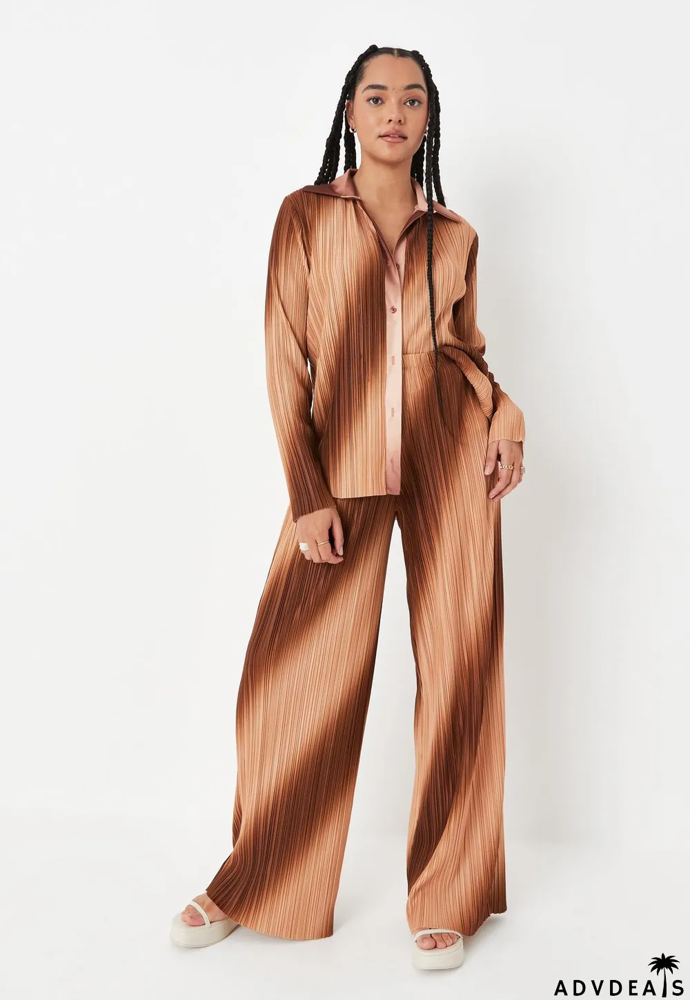 Women Gradient Pleated Print Shirt + Pants Two-Piece Set