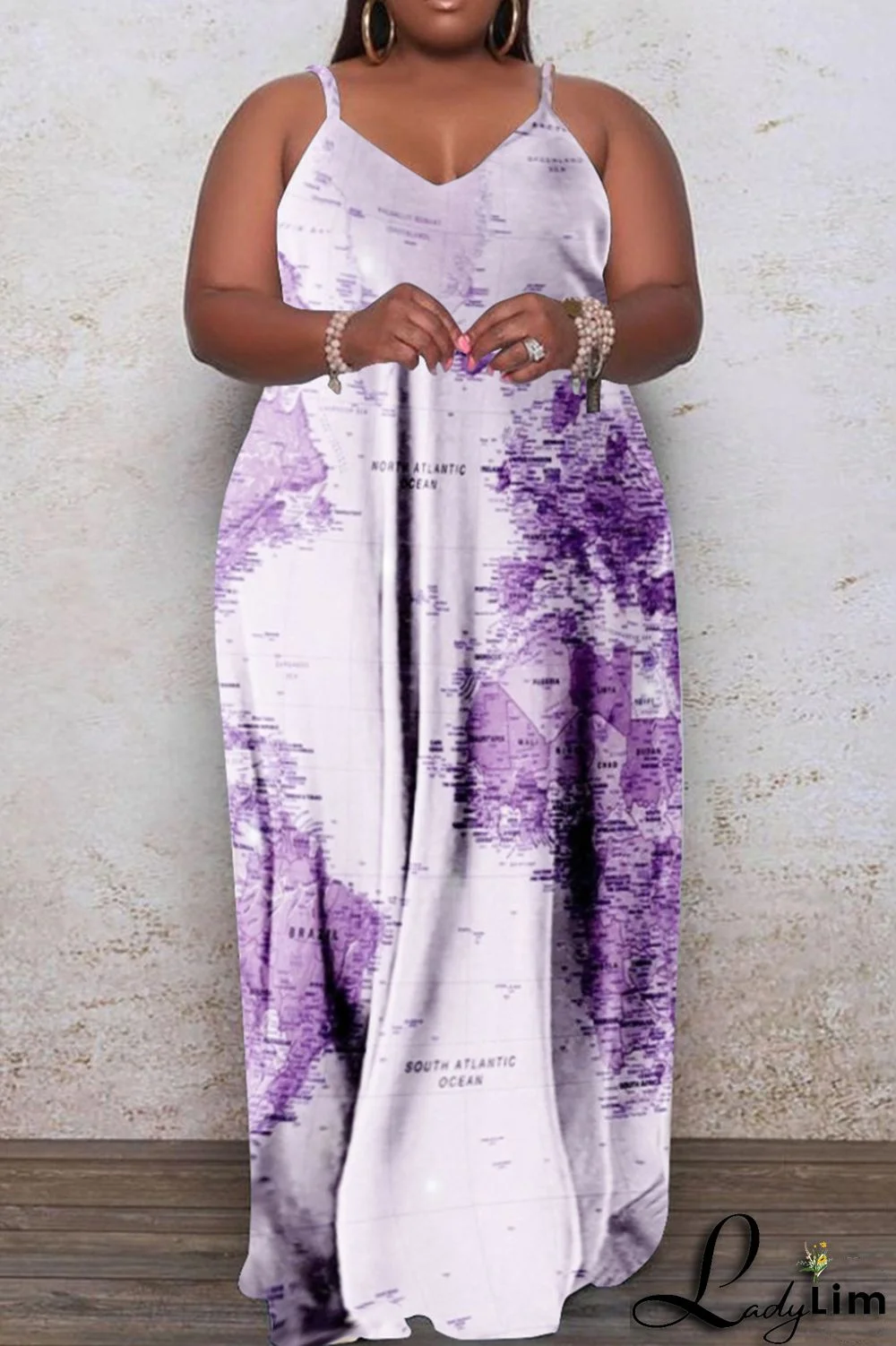 Light Purple Fashion Sexy Plus Size Casual Print Backless Spaghetti Strap Long Dress