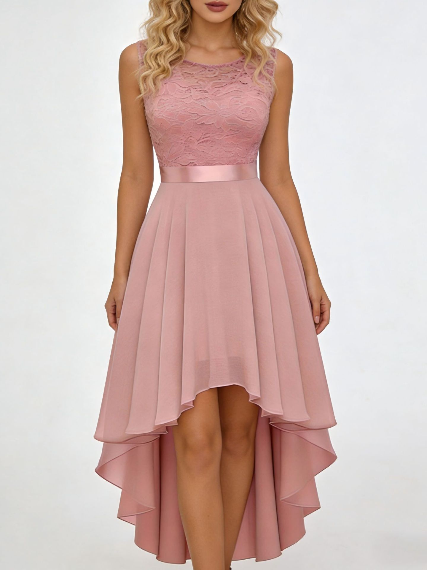 Solid Lace Sleeveless High-Low Party Dress