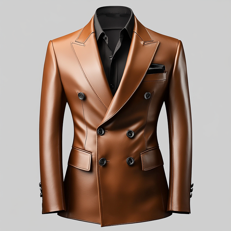 Men's Retro Peaked Lapel Double Breasted PU Leather Blazer
