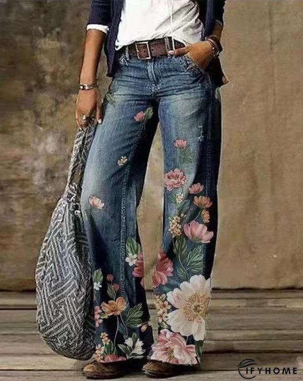 Floral Women's High Waist Straight Leg Wide Fashion Loose Jeans | IFYHOME