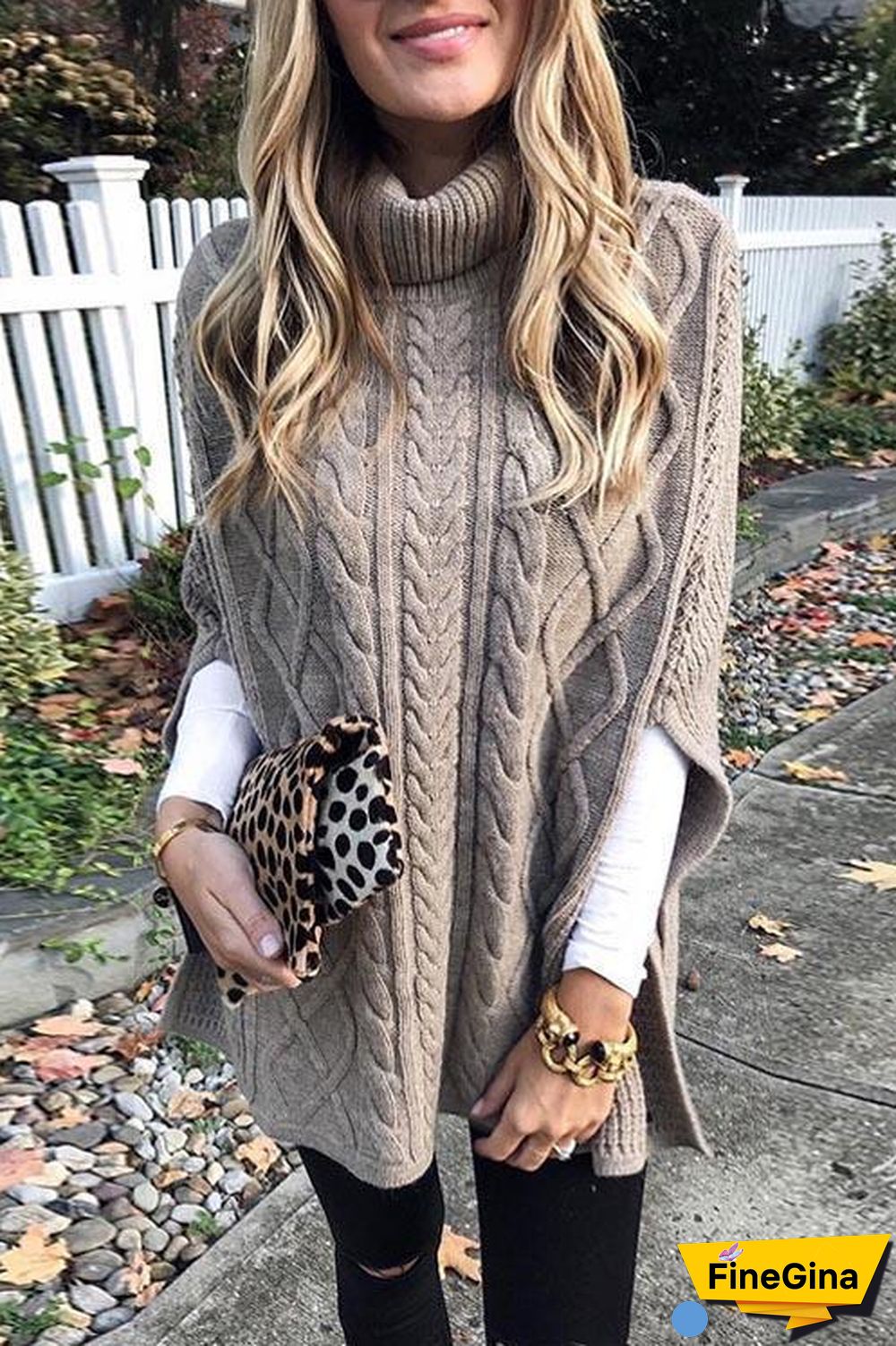 Turtleneck Cable Knit Cloak Poncho Sweater