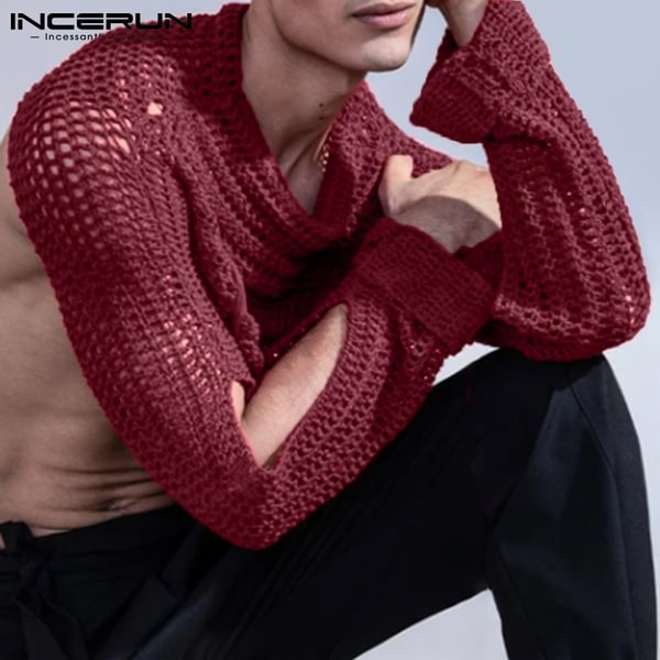 Men's Long Sleeve Ripped Shirts Knitted Casual Crop Tops