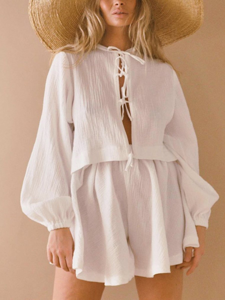 Round Neck Lace Up Long Sleeve Coord Shorts Sets