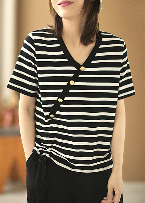 VCSHOES Black Striped V Neck Button Drawstring Cotton Tops Short Sleeve