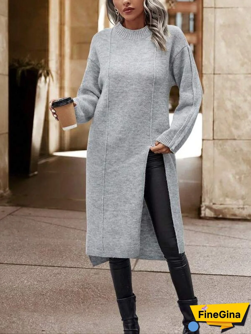 Grey Plain Round Neck Sweater