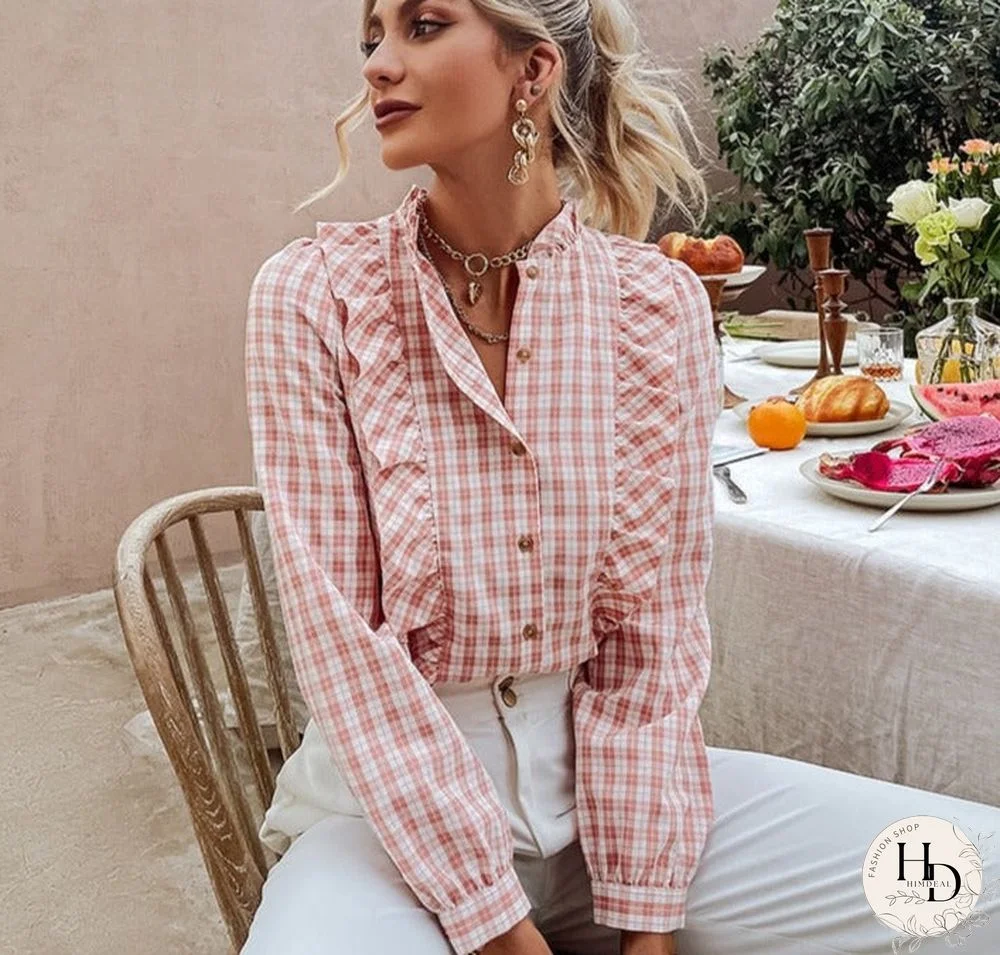 Holiday plaid summer blouse shirt light pink Idyllic style ruffle female shirts Stand collar long sleeve women's tops