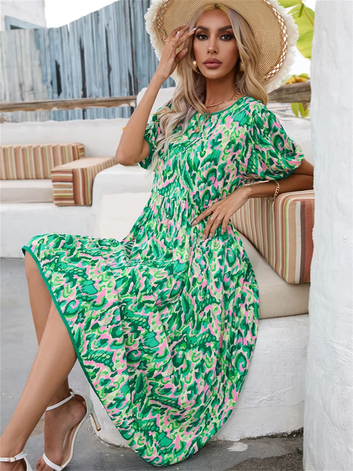 Spring and Summer New Cotton Print Vacation Loose Sweet Fresh Round Neck Bubble Sleeve Lace-up Medium-length Dress A-line Dress-Mixcun