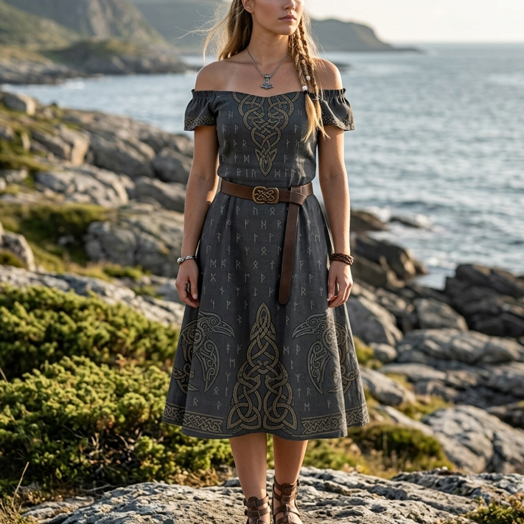 Cotton Linen Viking-Inspired Boho Maxi Dress with Nordic Symbols and Fringed Hem
