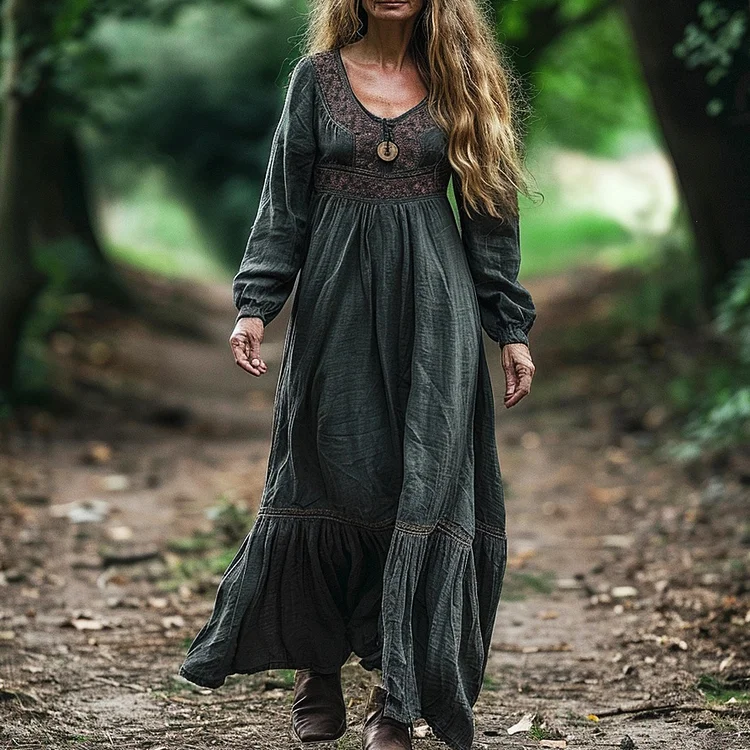 Women's Linen Ethnic Bohemian Long Sleeves Maxi Dress