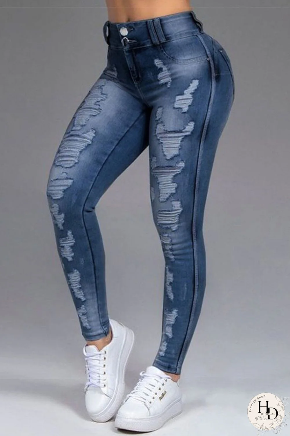 Dark Blue Fashion Casual Solid Ripped Patchwork High Waist Skinny Denim Jeans