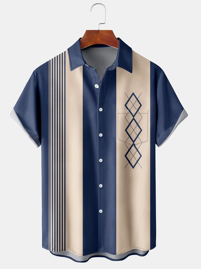 Mens Casual Vintage Bowling Stripes Short Sleeve Shirt Button Down Shirt With Pocket