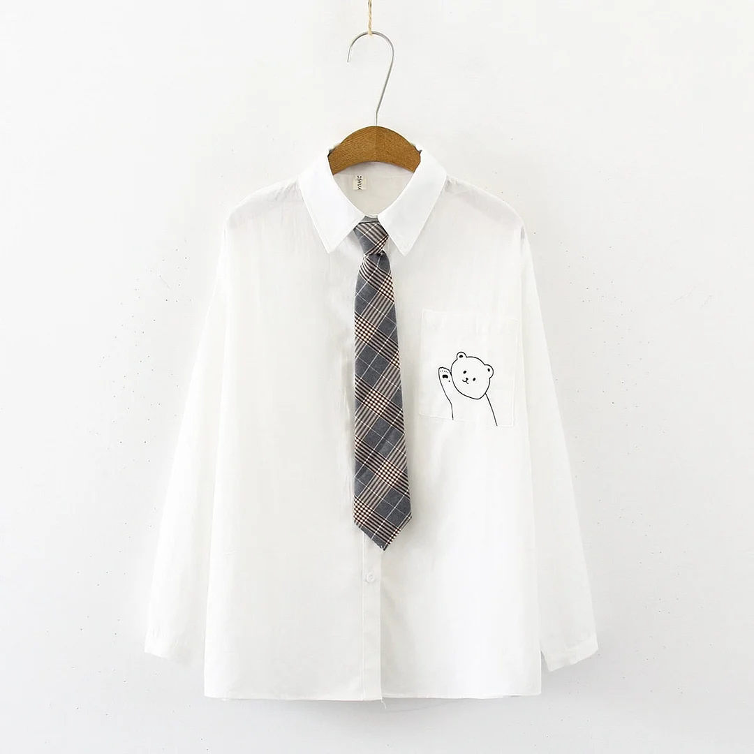 Women Cartoon Bear Print Cotton White Shirt Turn-Down Collar Button Up Cute School Girls Blouse With Plaid Tie Feminina Blusa