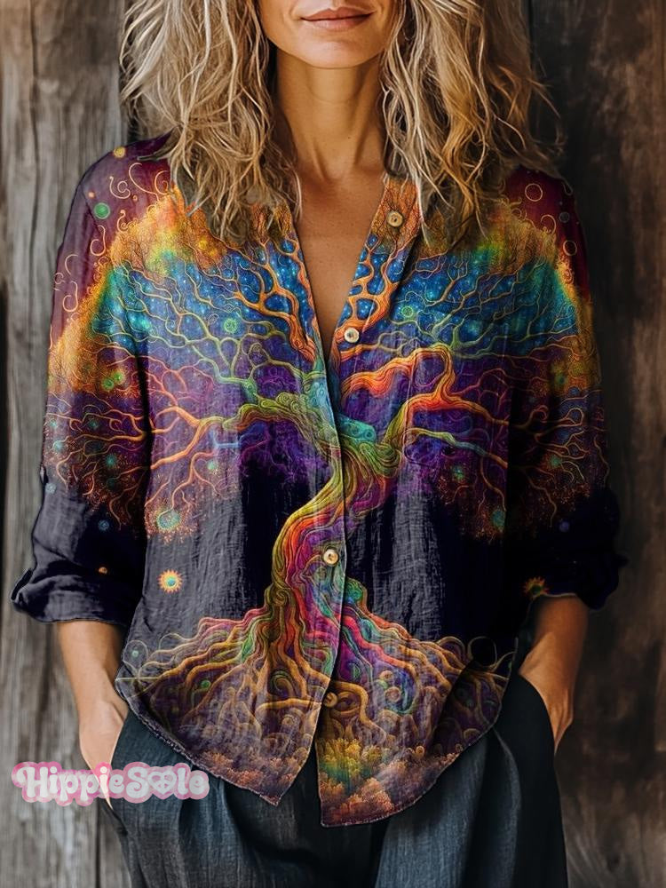 Women’s Colorful Tree Of Life Pattern Print Casual Long Sleeve Cotton Shirt Multicolor / S