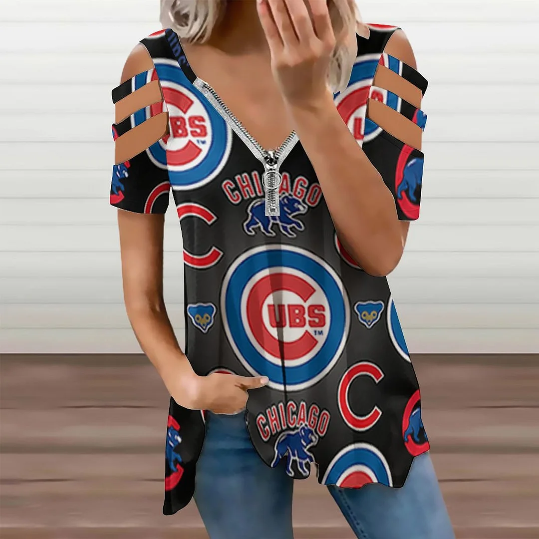 Shoulder Off V-neck Zipper Front Short Sleeve Casual T-shirt for Women Printed with Pattern,Blue,Red