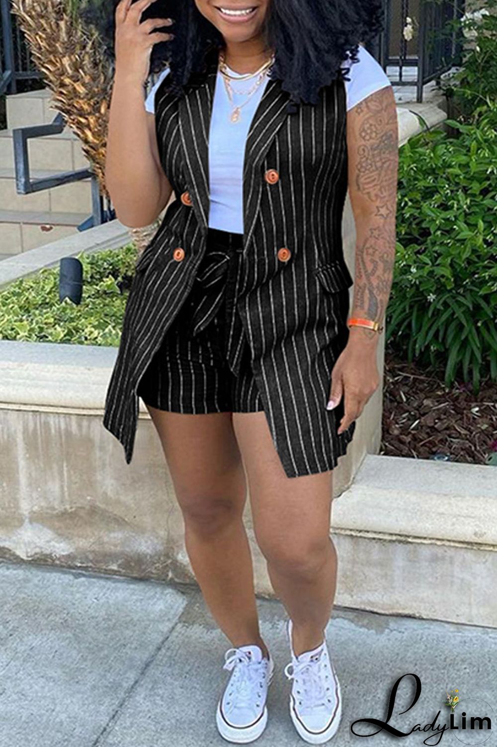 Black Fashion Casual Striped Print Patchwork Cardigan Turndown Collar Plus Size Two Pieces (Without T-shirt)