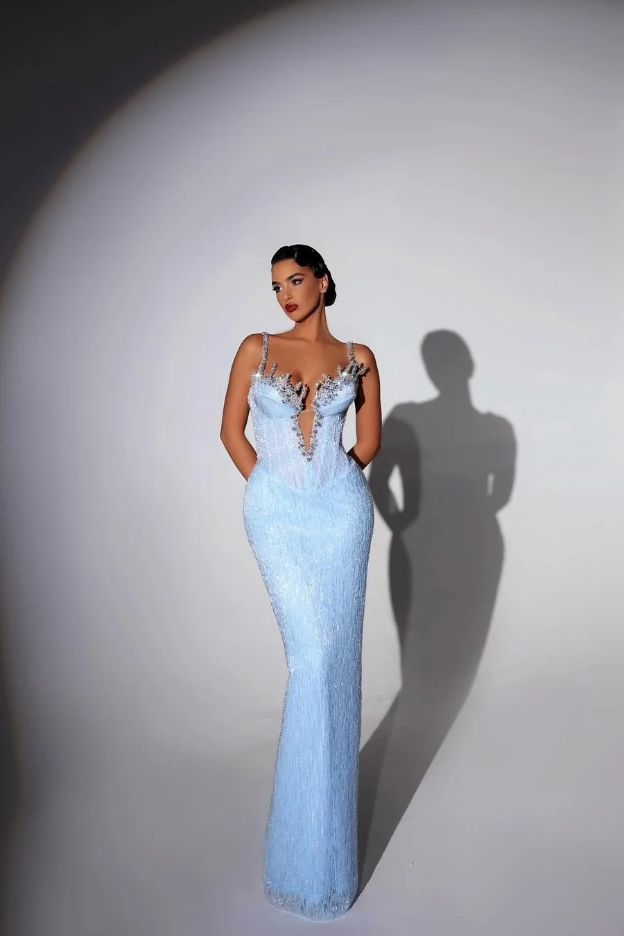 Daisda Deep V-Neck Sleeveless Spaghetti Straps  Mermaid Prom Dress