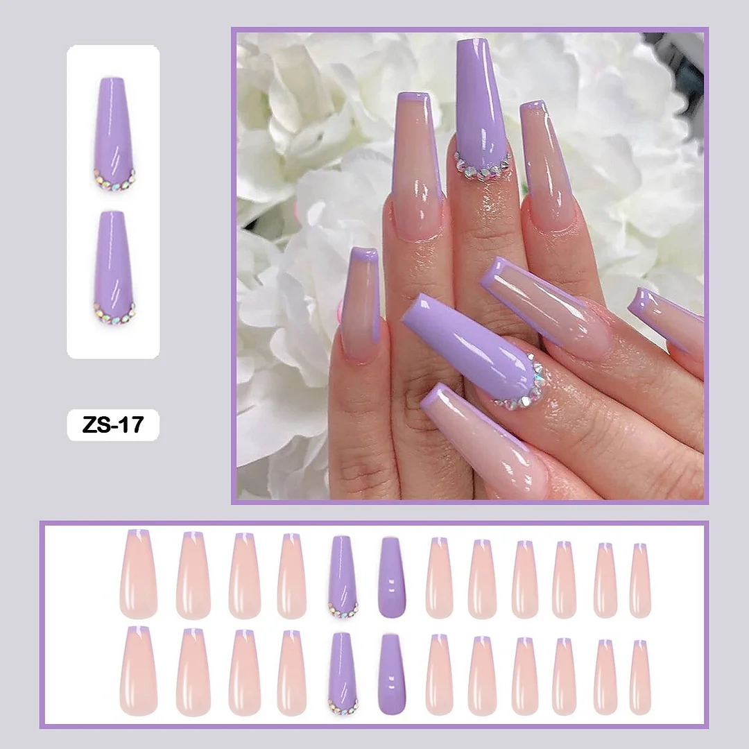 24pcs/box  Long Trapezoid Fake Nails  WIth Jewels Decorated Wearabel False Nails With Glue And Wearing Tools-Nail Inspo