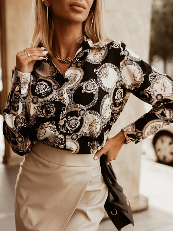 Printed Contrast Color Loose Long Sleeves Lapel Blouses