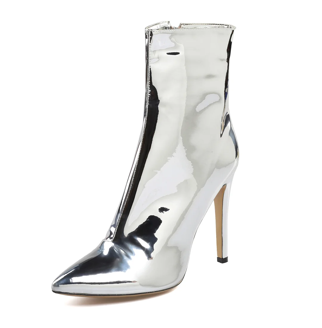 Women's Silver Patent Leather Pointed Toe High Heel Ankle Boots Plus Size Short Boots Novameme