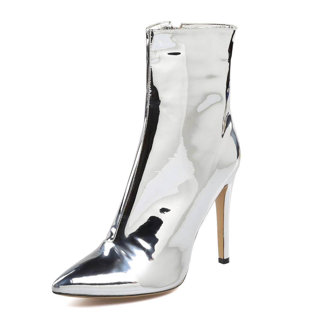 Women's Silver Patent Leather Pointed Toe High Heel Ankle Boots Plus Size Short Boots Novameme