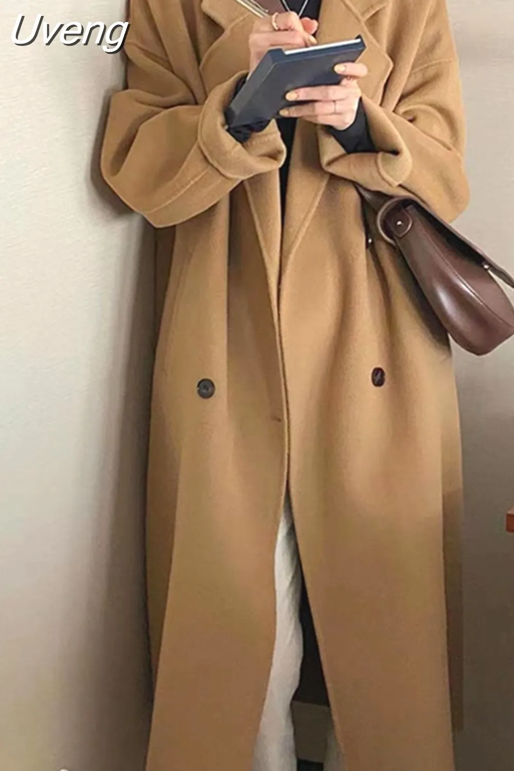 Uveng Woolen Coat Women Korean Fashion Lapel Jackets Female Vintage Double Breasted Overcoat Ladies Autumn Winter Loose Outerwear