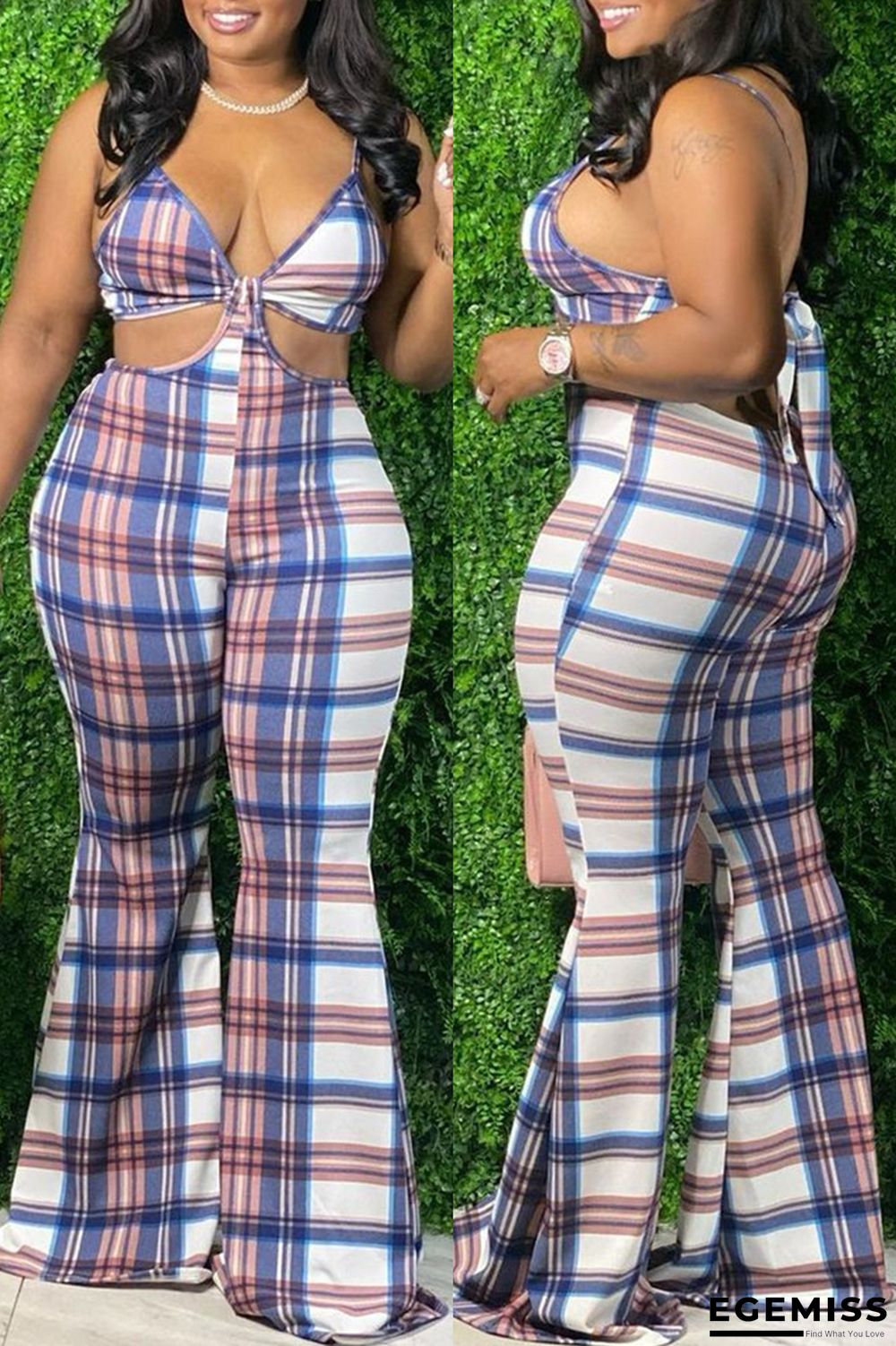 Blue White Sexy Casual Plaid Print Backless Strap Design Spaghetti Strap Regular Jumpsuits | EGEMISS