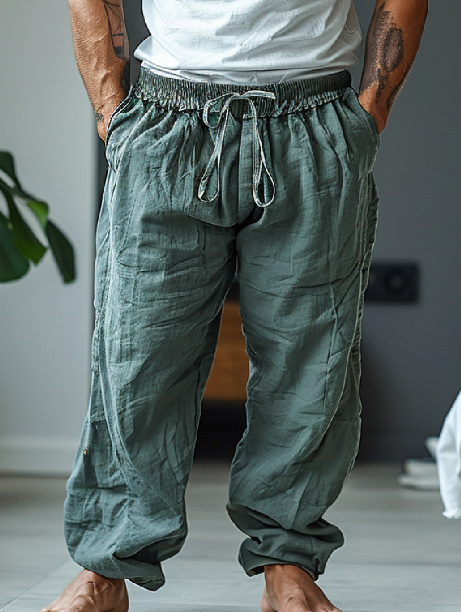 Men's Retro Casual Cotton and Linen Loose Pocket Harem Pants