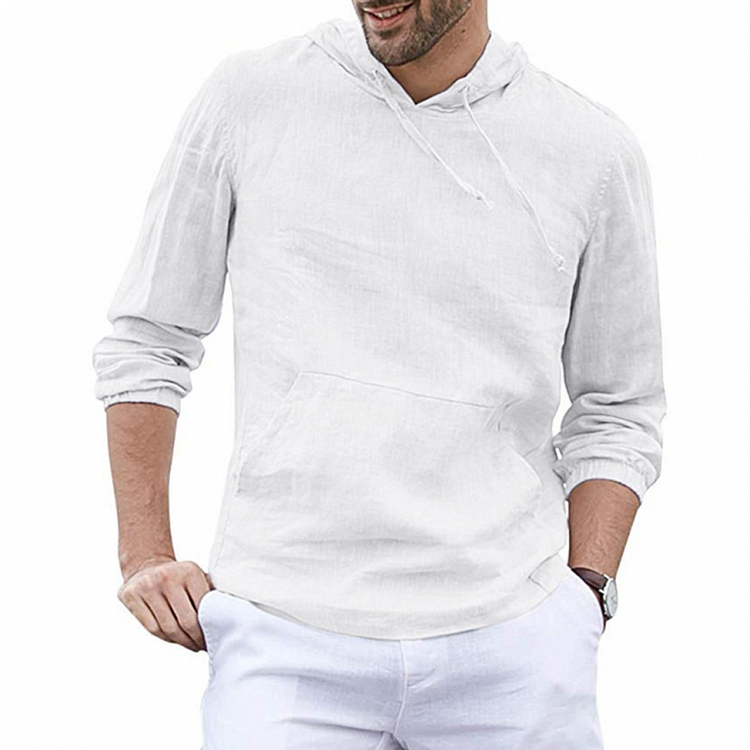 Men Long Sleeve Cotton Linen Top Casual Hooded T-Shirts
