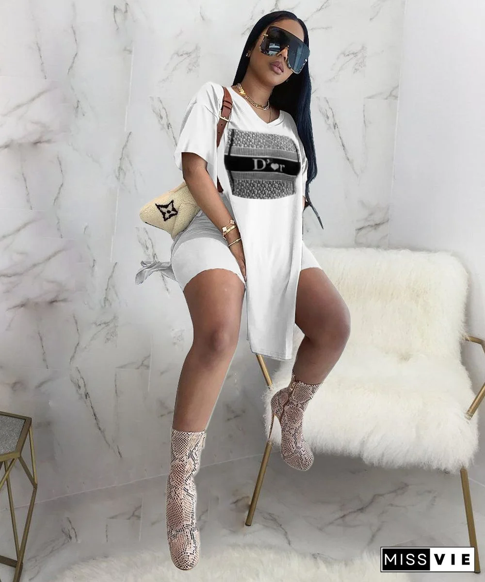 Summer Print Short Sleeve T-shirt Skinny Shorts 2 Piece Outfits