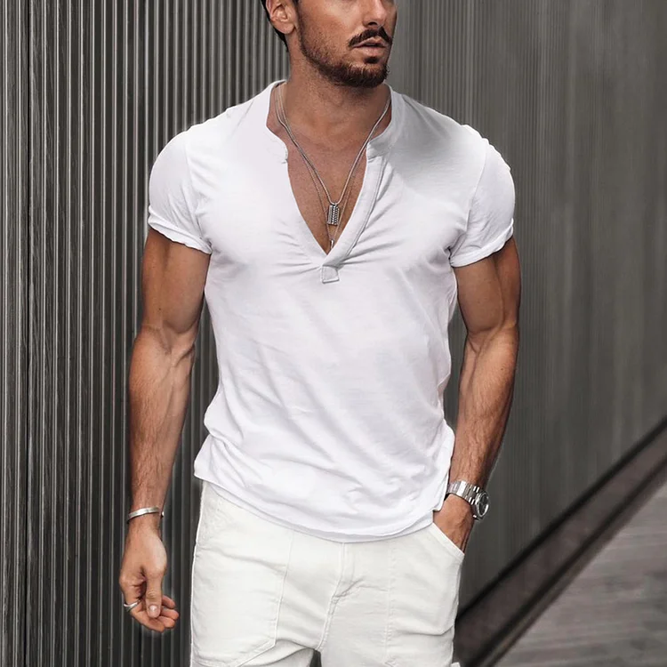 Solid Color V-neck Casual Breathable T-Shirt