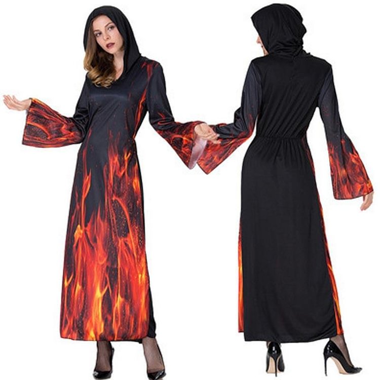 Flame Print Hell Devil Hooded Dress - Modakawa Modakawa
