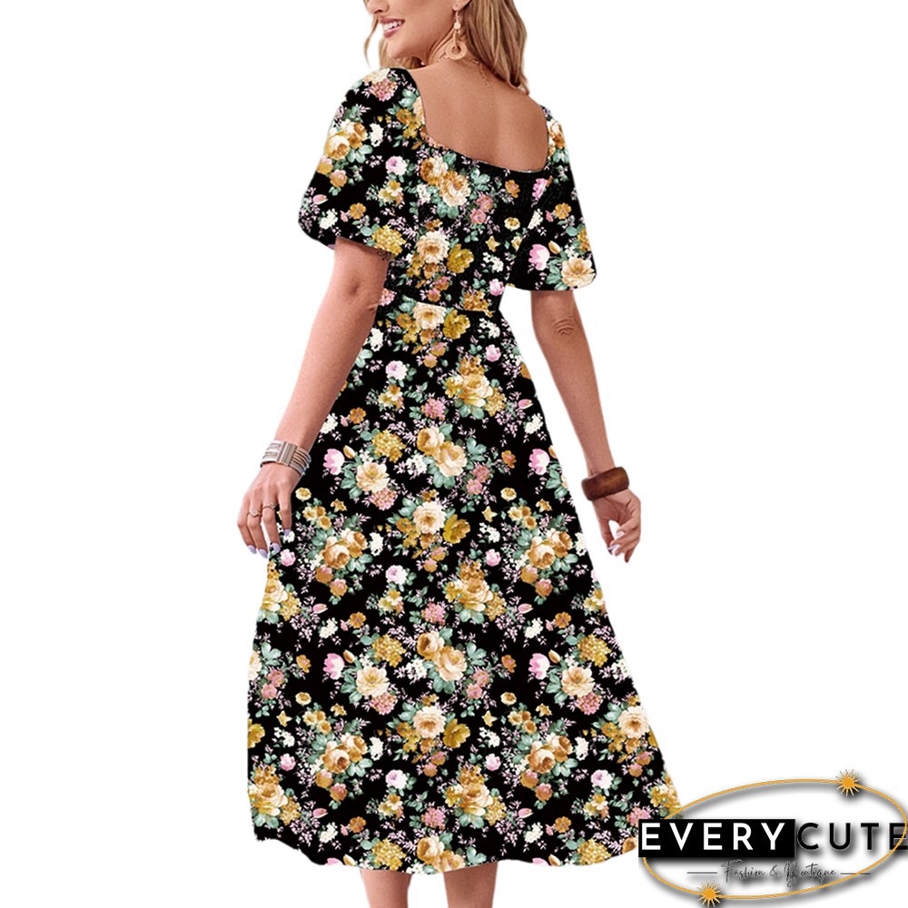 Black Puff Sleeves Back Pleated Floral Dress