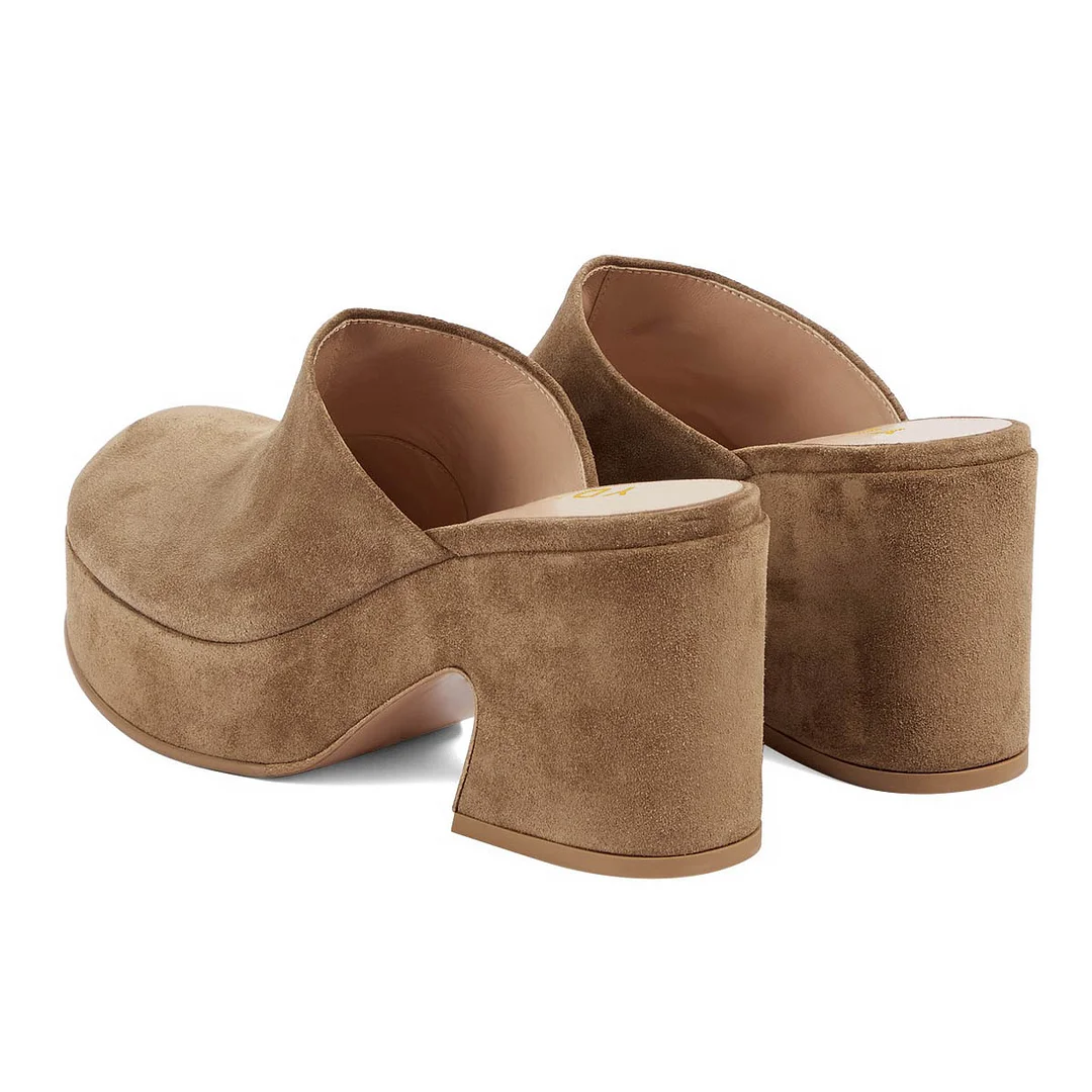 Chic Vegan Suede Round Toe Chunky Heel Platform Mules in Brown