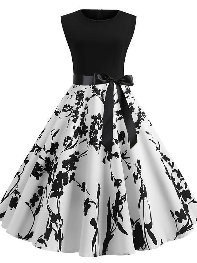 Women's A-Line Dress Sleeveless Floral Print Summer Spring & Summer 1950S Vintage White Rainbow Black Dresses