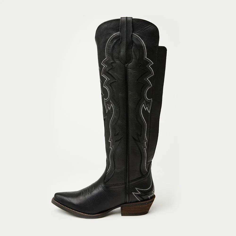Black Lace-Up Block Heel Knee High Embroidered Cowgirl Boots
