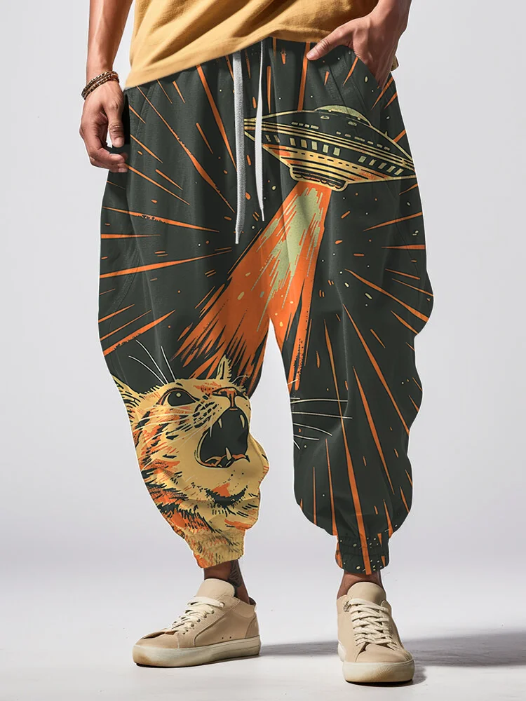 Men's Retro Cat Meets UFO Future Art Print Loose Drawstring Waist Sweatpants