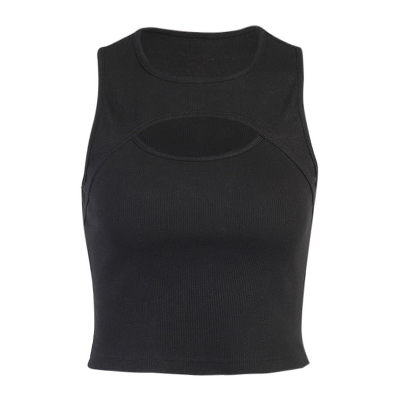 InstaHot Hollow Out Casual Sexy Tank Top Fashion Slim Cropped Top Patchwork Solid Women 2021 Summer Sleeveless Basic Cut Out Top