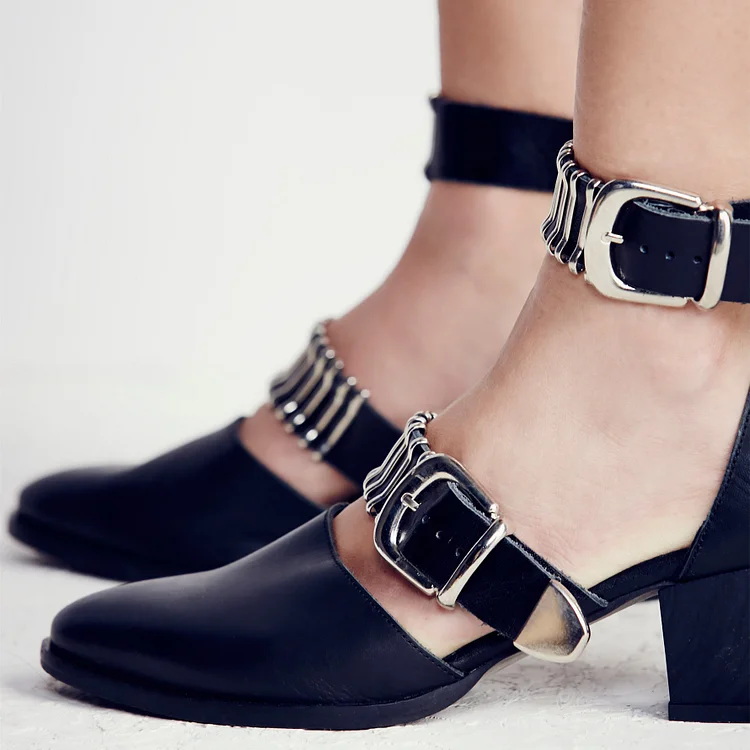 Almond Toe Black Buckle Block Heel Pumps with Ankle Strap. Vdcoo