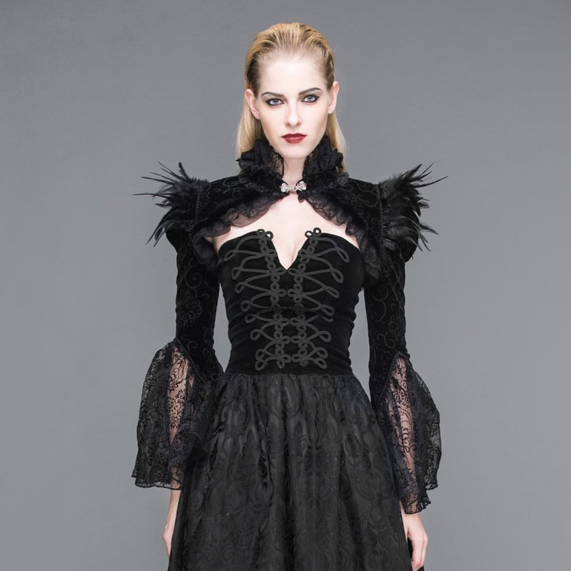 Black Feather Cape Lace Long  Sleeeve Gothic  Super Short Jacket Novameme