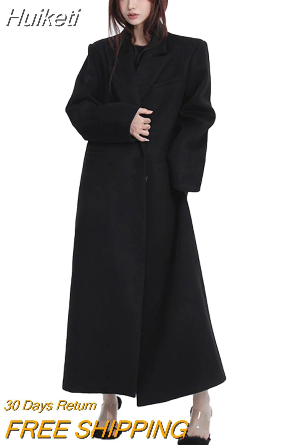 Huiketi Autumn Winter Long Loose Casual Black Warm Soft Woolen Coat Women Stylish Luxury Designer Ouerwear Korean Fashion 2023
