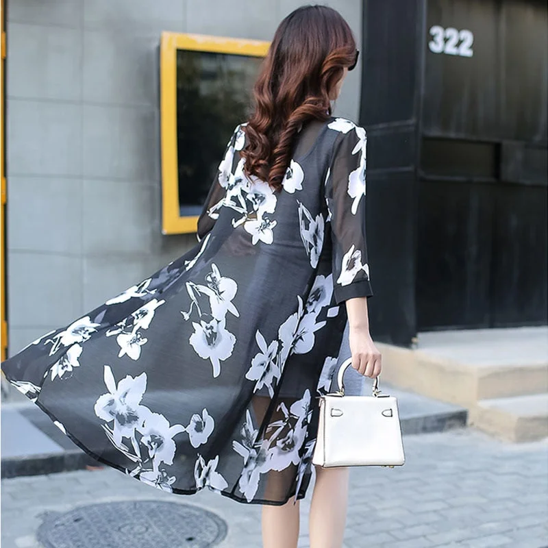 Summer Sun Protection Women Long Blouses Super Thin Floral Chiffon Cardigan Half Sleeve Loose Flower Print Blouse Shirts 4152