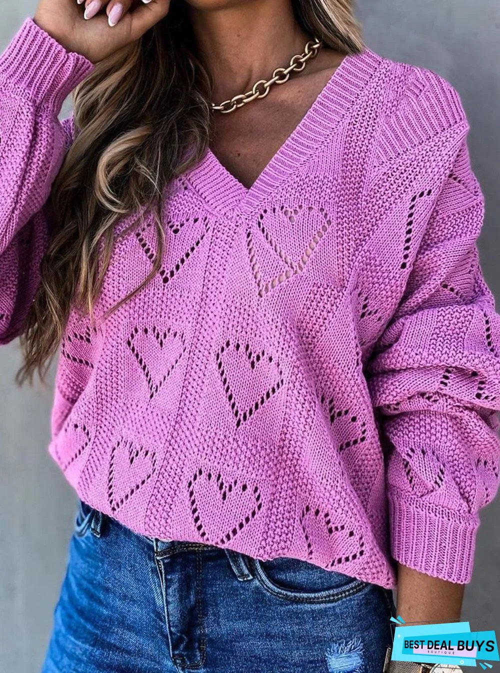 Fashion V-Neck Hollow Casual Long-Sleeved Sweater