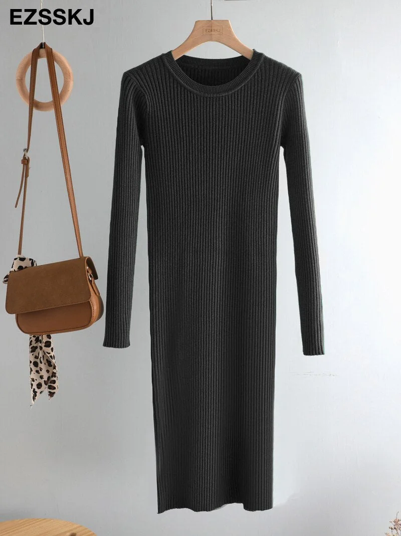 elegant Autumn Winter basic Maix  Sweater dress women solid bodycon Thick dress Female Jumper O-neck slim knit dress Long sleeve