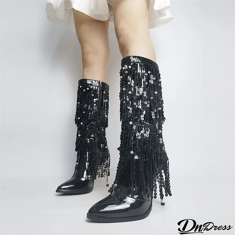 Pointed Toe Fashion Fringe Sequined Mid-Calf Boots