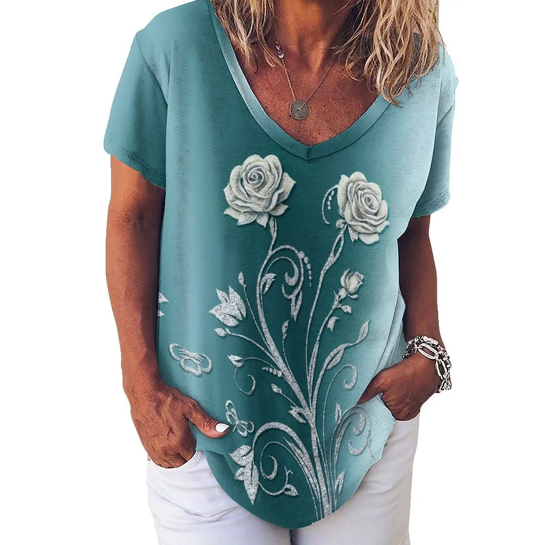 V-neck Short Sleeve Casual T-shirt for  Women Printed with Pattern Green, Rose, Glitter, Floral