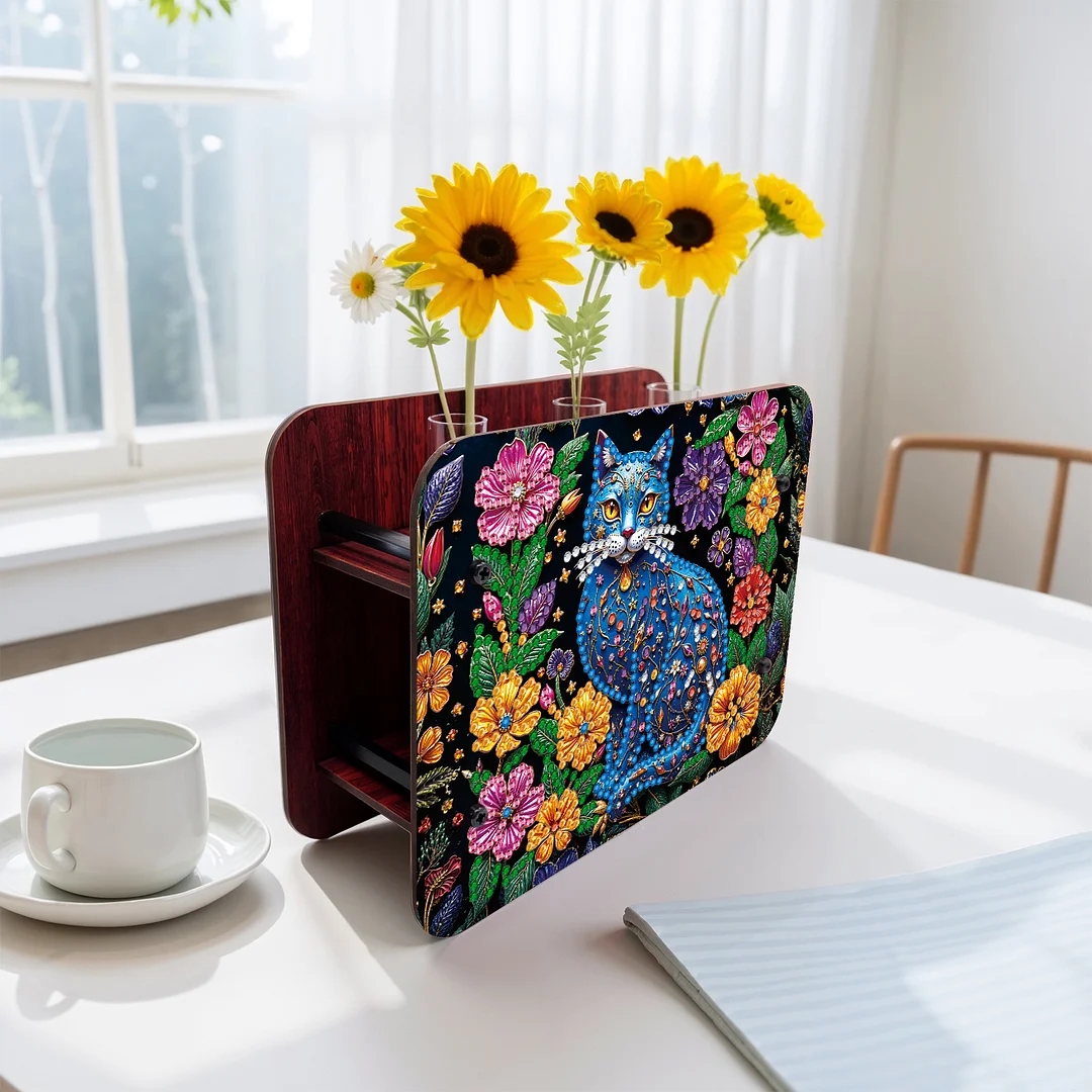 Cat DIY Flower Vase Wooden Double Sided Desktop Diamond Art Kit for Home Decor